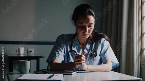 In a dimly lit hospital break room, a nurse sits at a small table, visibly stressed. Her hair is slightly disheveled, and she wears scrubs with a name badge clipped to her pocket.
