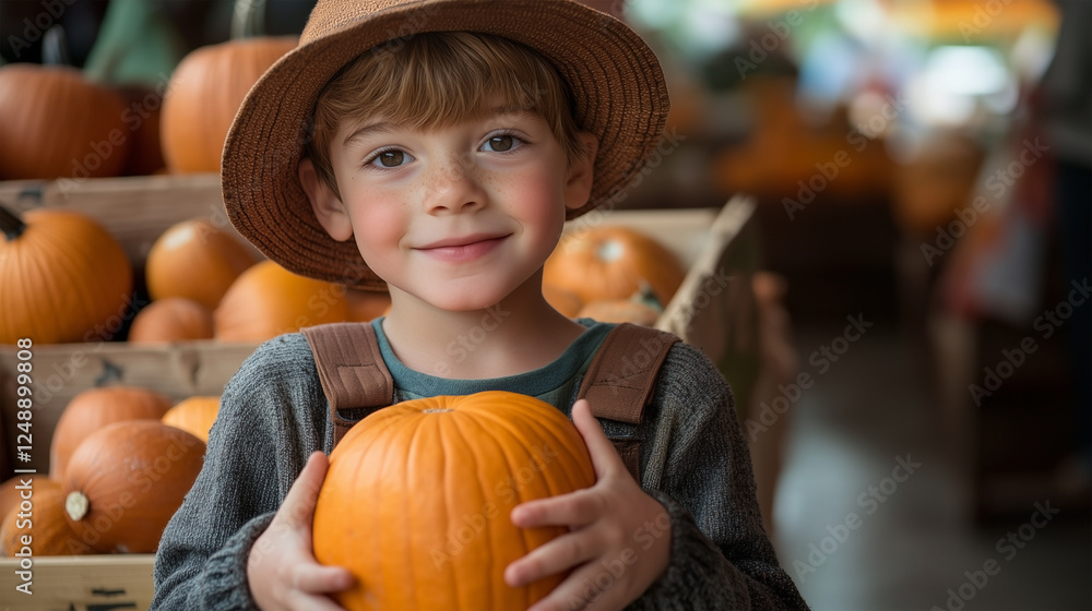 Fototapeta premium A boy is holding a pumpkin