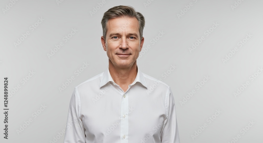 Confident Middle-Aged Man in White Shirt with Subtle Smile - Business Professional Portrait Photograph on Neutral Background Confident Middle-Aged Man in White Shirt with Subtle Smile - Business Professional Portrait Photograph on Neutral Background