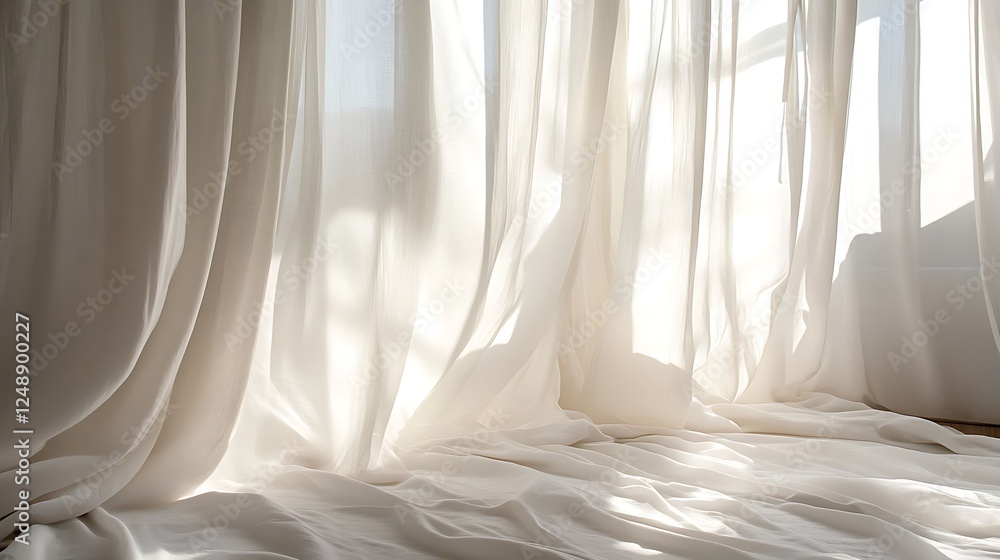 A minimalist bedroom setup with sheer white curtains flowing in natural light A minimalist bedroom setup with sheer white curtains flowing in natural light