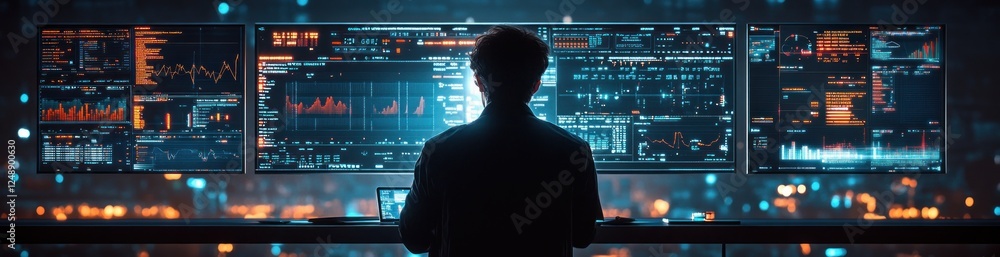 Businessman Analyzing Data Growth Financial Investment Strategy in Futuristic Workspace with Technology Businessman Analyzing Data Growth Financial Investment Strategy in Futuristic Workspace with Technology