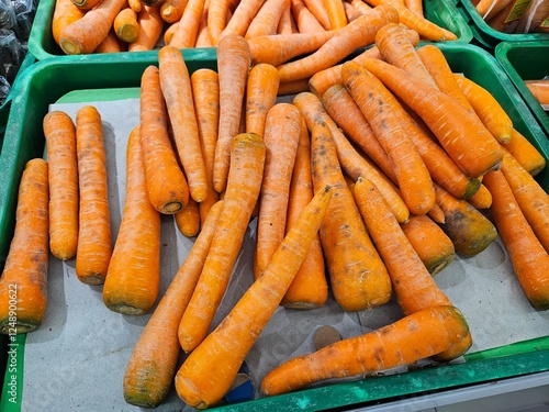 A fresh pile of carrots displayed at a vegetable market
