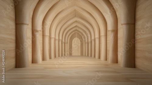 A serene wooden corridor with arched ceilings  showcasing intricate details and a warm  inviting atmosphere.