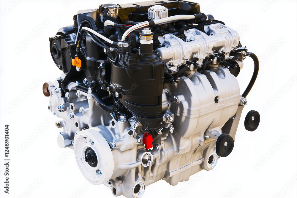 Fototapeta premium Selective focus car motor isolated on white background, Motor part on white background, Engine part from vehicle.