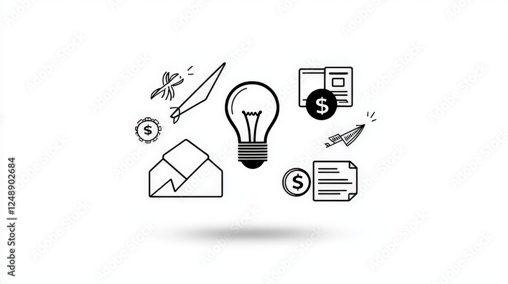 A clean and simple business icon collection in monochrome, with thin stroke icons representing finance, strategy, and teamwork. A clean and simple business icon collection in monochrome, with thin stroke icons representing finance, strategy, and teamwork.
