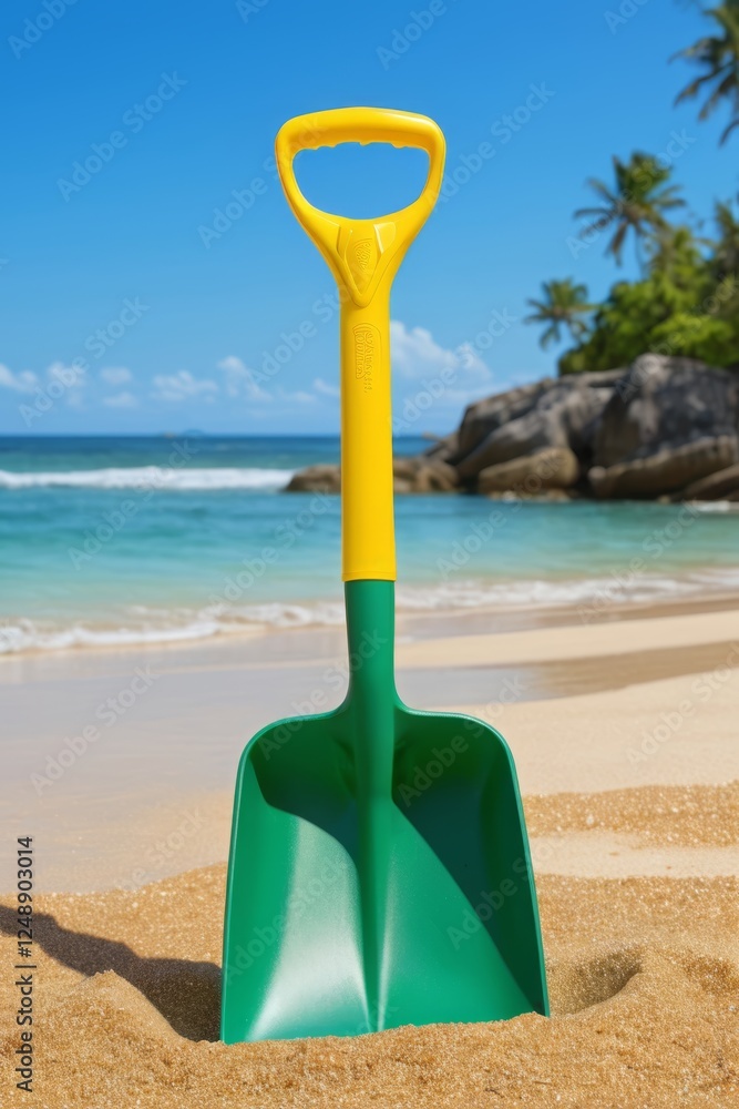 yellow and green shovel on the beach near the ocean