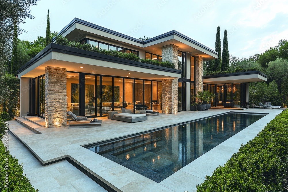 Fototapeta premium Luxury Backyard Swimming Pool with Elegant Landscaping and Modern Decor