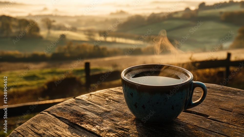 Morning Serenity, Steaming Beverage Overlooking Misty Countryside Scenery Morning Serenity, Steaming Beverage Overlooking Misty Countryside Scenery