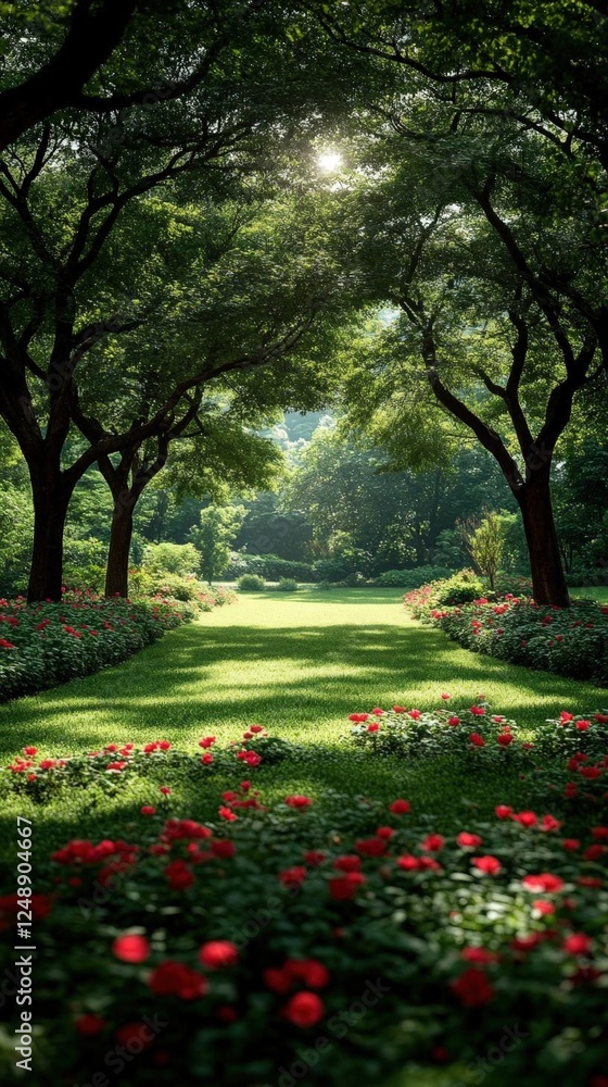 Obraz premium Sunlight Filtering Through Trees In Garden Path