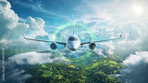 Wallpaper Mural A futuristic airplane powered by sustainable fuel, flying over a lush green landscape with clear blue skies. Torontodigital.ca