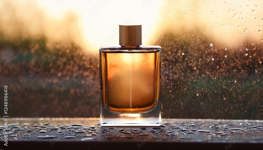 Elegant Blank Perfume Bottle Mockup with Brown Liquid in a Warm Temperature. Perfume with Fake Rain Background and Natural Daylight. Elegant Blank Perfume Bottle Mockup with Brown Liquid in a Warm Temperature. Perfume with Fake Rain Background and Natural Daylight.