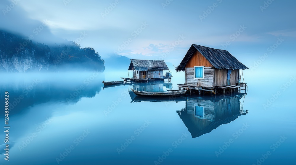 A misty morning in a floating fishing village, wooden huts surrounded by endless water. A misty morning in a floating fishing village, wooden huts surrounded by endless water.