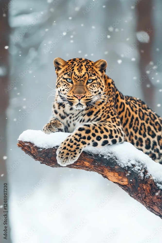 Amur leopard resting on a snow-dusted branch in a winter forest Amur leopard resting on a snow-dusted branch in a winter forest