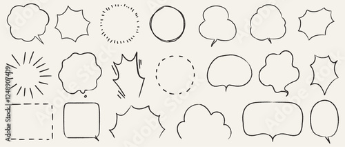 Hand drawn pencil speech bubbles, emphasis, underline, highlight text elements set. Black charcoal crayon doodle explosion balloon, pencil stroke, lines and sound effects in cartoon comic style.
