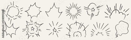 Bomb explosion in cartoon doodle hand drawn comic naive outline style with charcoal, wax crayon, brush stroke sound effect. Vector illustration of dust boom bang explosion clouds manga drawing.