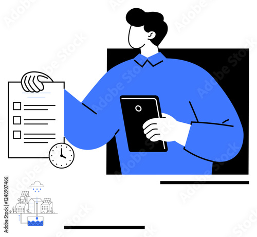 Man holding a checklist and tablet, accompanied by a clock, suggesting planning and prioritization. Ideal for time management, efficiency, productivity, organization, scheduling, project planning