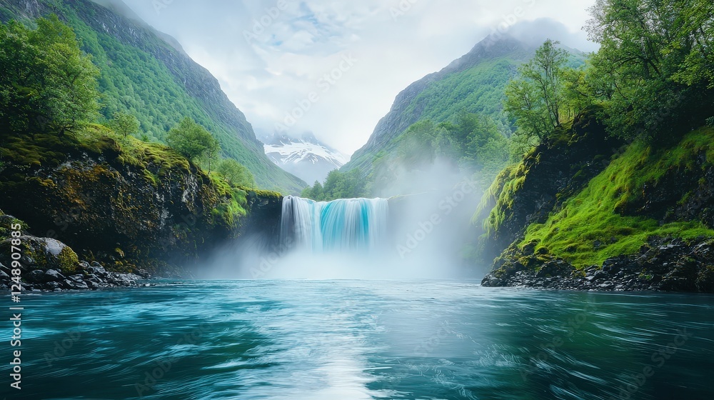 Fototapeta premium A powerful waterfall hidden in the mountains, with white mist rising as water crashes onto the rocks below.
