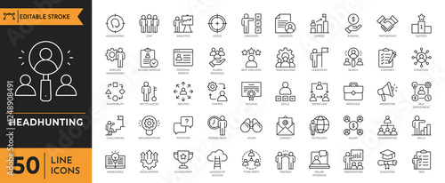 Headhunting icon set. Recruitment, career, resume, work group, candidate, job hiring, and more. Vector illustration.
