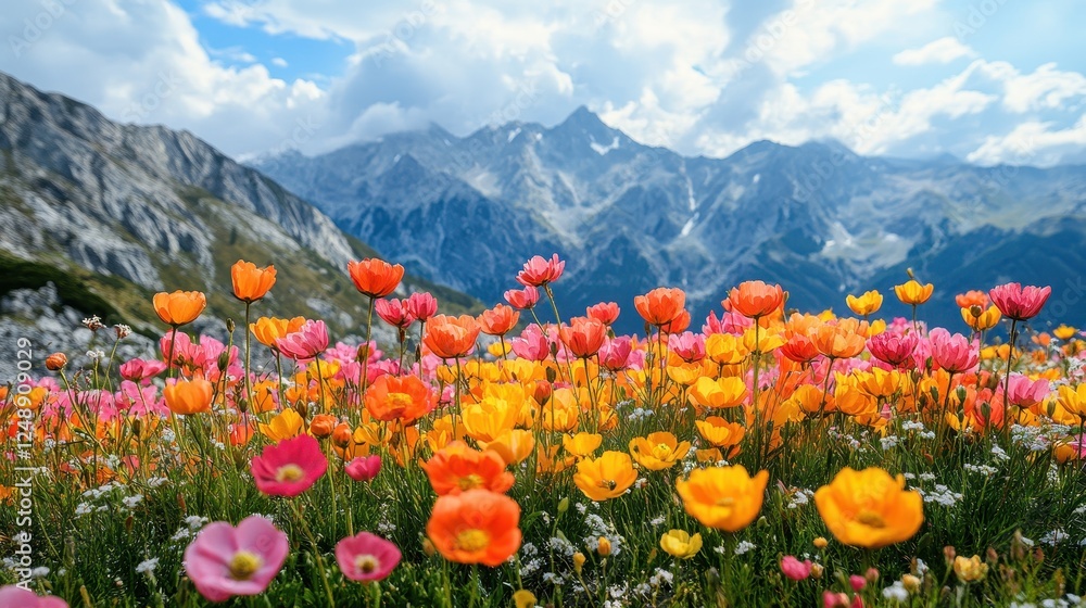 Mountain wildflowers bloom, scenic alpine meadow Mountain wildflowers bloom, scenic alpine meadow