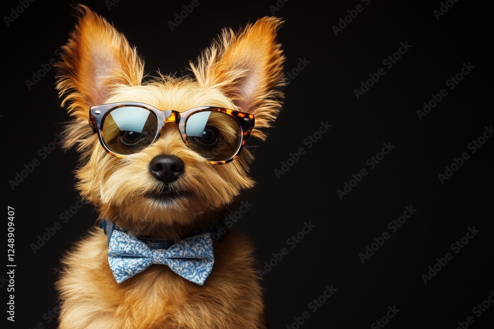Naklejka premium A cute dog with sunglasses and a bow tie posing against a dark background.