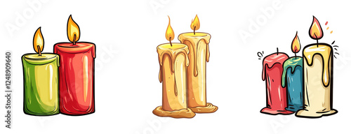 Colorful candles with melting wax for relaxing ambiance, isolated on transparent or white background