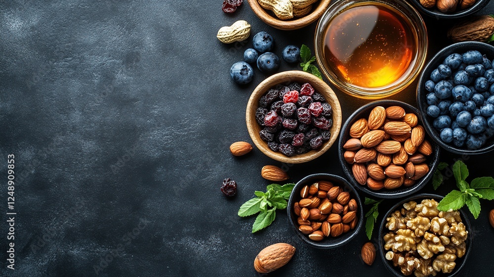 Healthy snack ingredients arranged on dark background, overhead shot, for recipe blog Healthy snack ingredients arranged on dark background, overhead shot, for recipe blog