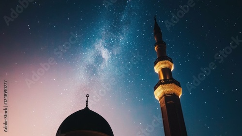 Majestic mosque silhouette against starry night sky, showcasing architectural beauty and tranquility, perfect for spiritual themes and night photography photo