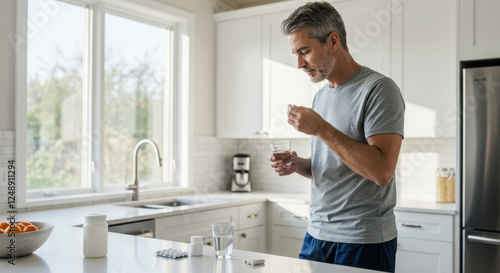 Mature caucasian male in modern kitchen taking medication with water