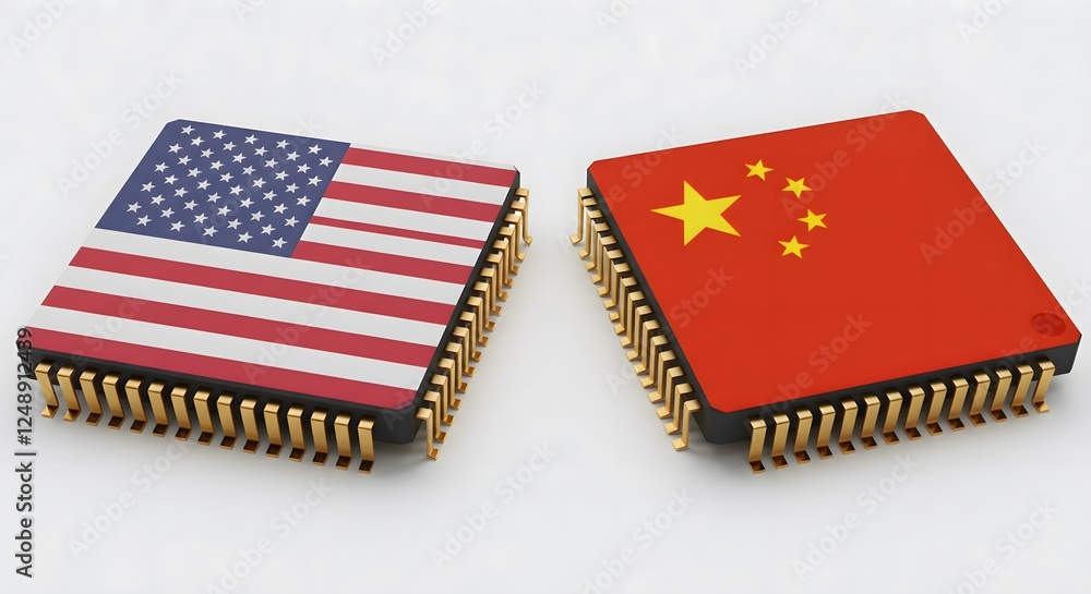 Fototapeta premium USA and China Flags on Microchips Representing Semiconductor Trade and Tech Rivalry