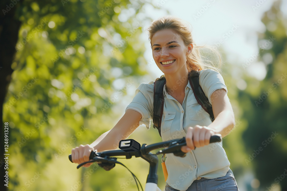 Obraz premium Young woman enjoys an active lifestyle: she rides a bicycle in a city park, smiling and looking energetic. The atmosphere is bright, motivating