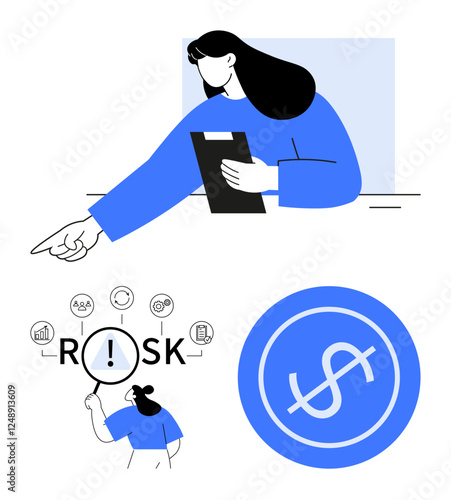 Woman using clipboard and pointing, icons symbolize risks, magnifying glass on issues, dollar sign. Ideal for finance, analysis, auditing, problem-solving, risk management decision-making abstract