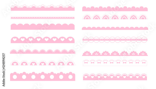 Scalloped pink border simple cute divider with heart and dots ornament edge cutout decoration isolated on white background. 