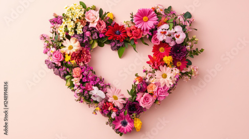 Colorful heart shape made of various flowers, showcasing vibrant pinks, reds, and yellows, perfect for expressing love and joy