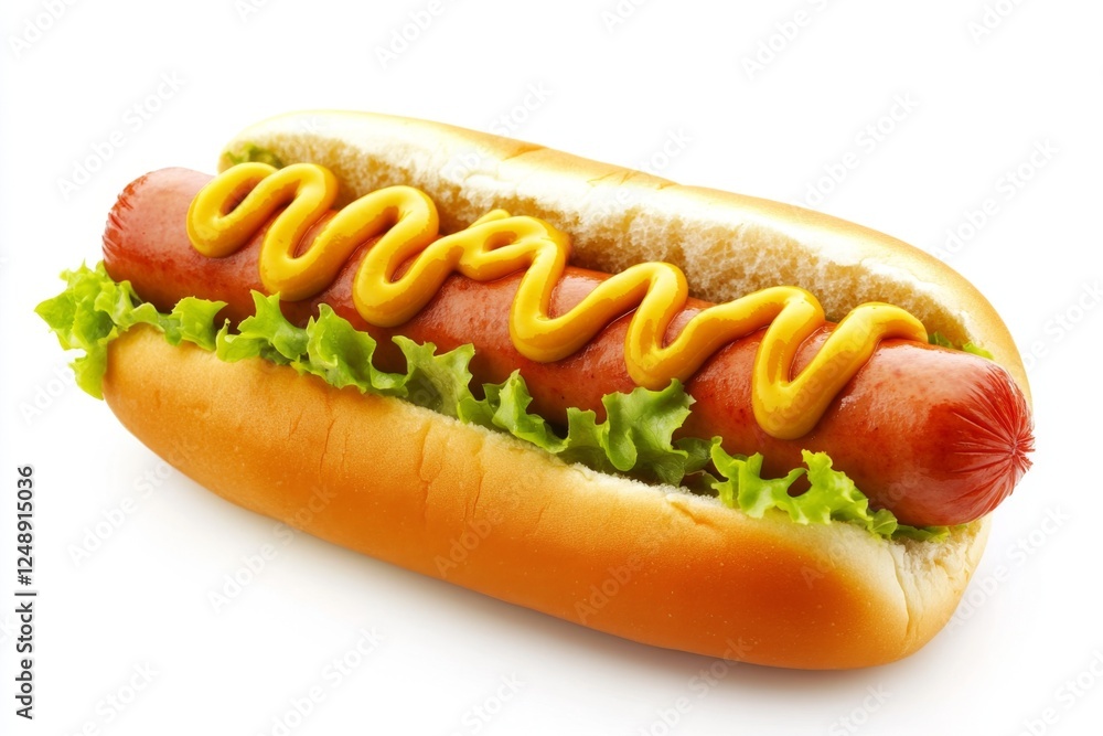 Mustard-topped hot dog, lettuce, bun, white background, food photography, menu Mustard-topped hot dog, lettuce, bun, white background, food photography, menu