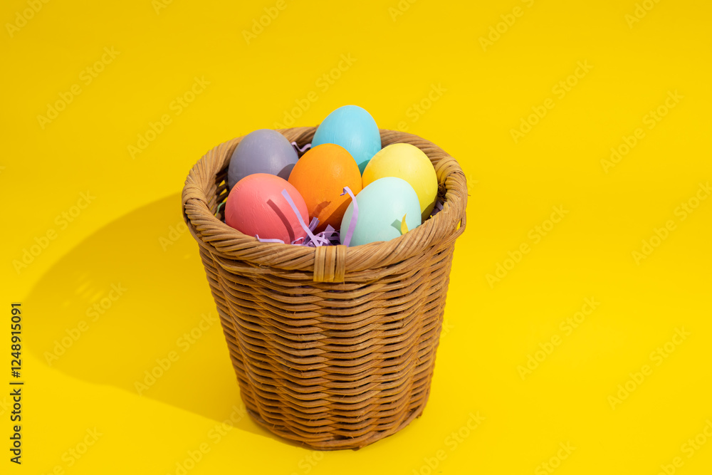 Naklejka premium Multi colored easter eggs in a straw basket on a yellow background with copy space. Easter crafts concept