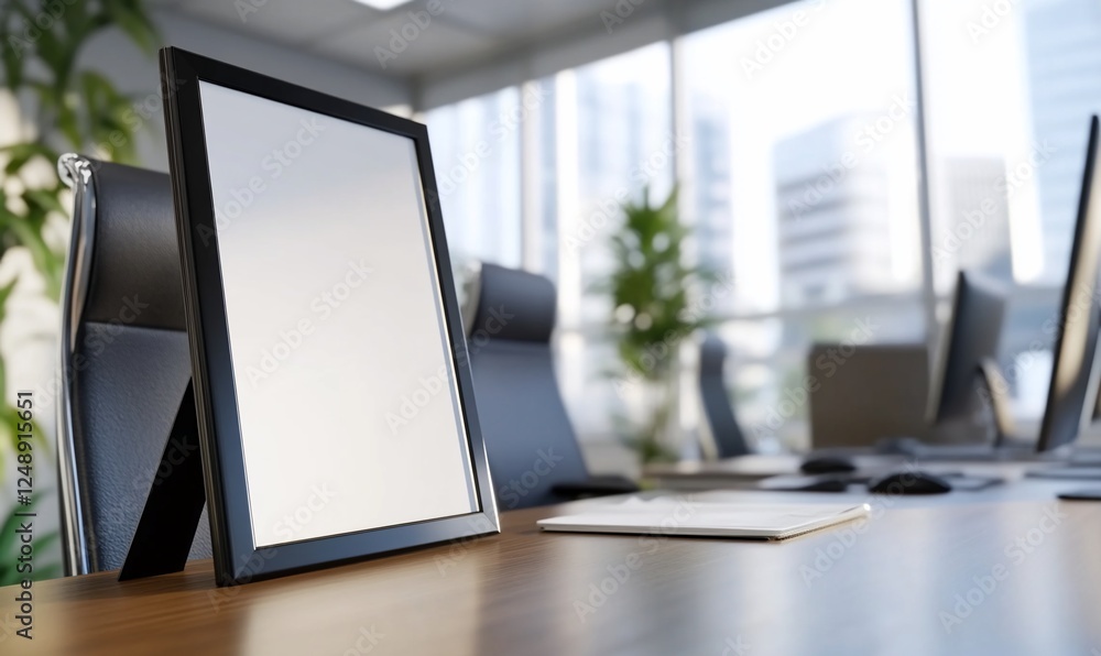 Photo frame on office desk with city buildings through the window, mockup space Photo frame on office desk with city buildings through the window, mockup space