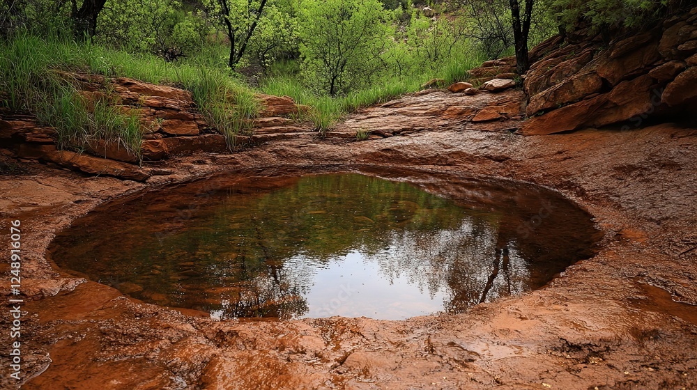 Tranquil pool reflects lush forest in a red rock canyon landscape Tranquil pool reflects lush forest in a red rock canyon landscape