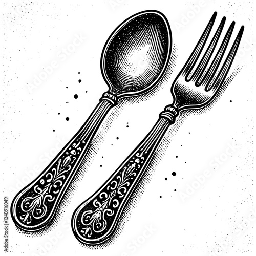 Fork and spoon engraving black and white outline. Scratch board imitation.  illustrated in vintage line art style on a white background.
