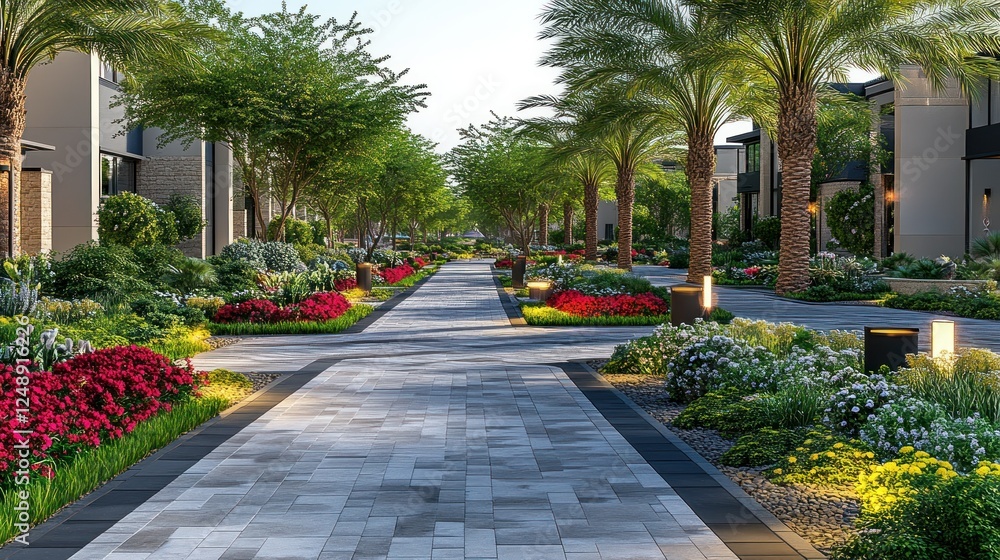 Fototapeta premium Serene Palm-Lined Pathway in a Modern Residential Development