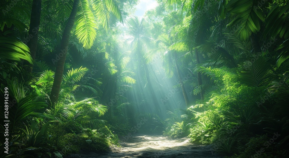 Obraz premium Lush Tropical Forest Scene with Vibrant Green Trees and Dappled Sunlight