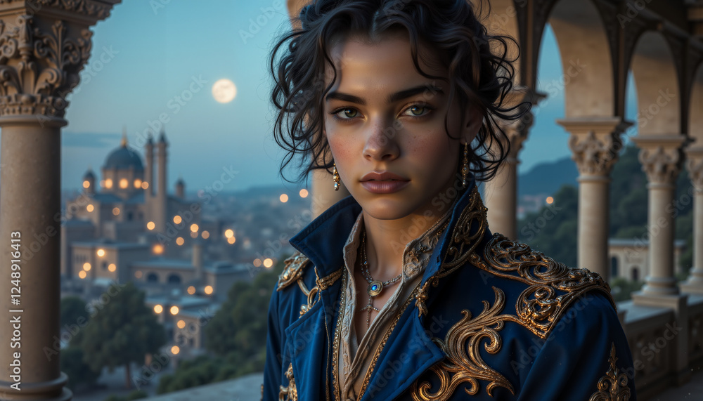 Fototapeta premium Handsome prince gazing over moonlit city on marble balcony, regal elegance