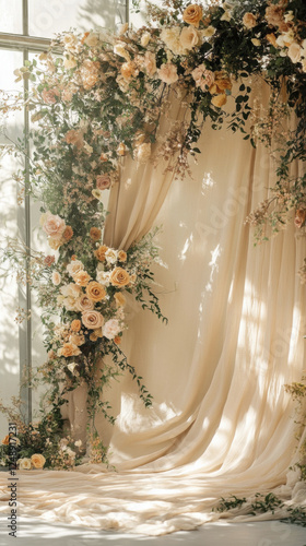 Dreamy floral wedding backdrop with soft drapes and roses
