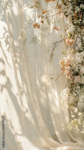 Soft floral backdrop with draped fabric and delicate flowers, creating dreamy atmosphere