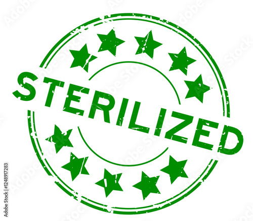 Grunge green sterilized word with star icon round rubber seal stamp on white background