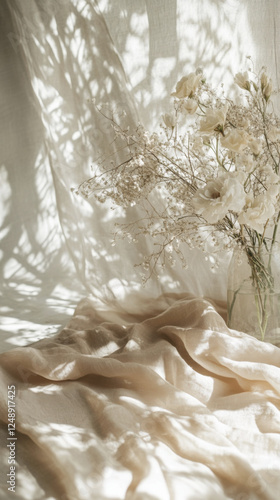 serene boho wedding scene featuring soft textiles and delicate flowers, creating tranquil atmosphere