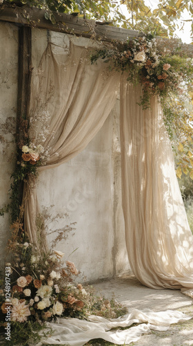 serene boho wedding backdrop with draped fabric and floral arrangements
