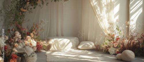 serene boho wedding scene with soft fabrics, floral arrangements, and natural light