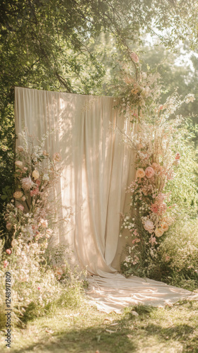 serene boho wedding backdrop with soft drapes and floral arrangements