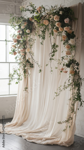 serene boho wedding backdrop featuring soft drapes and floral arrangements. Perfect for romantic events