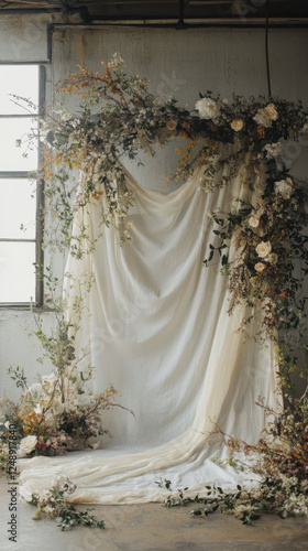 serene boho wedding backdrop featuring draped fabric and floral arrangements